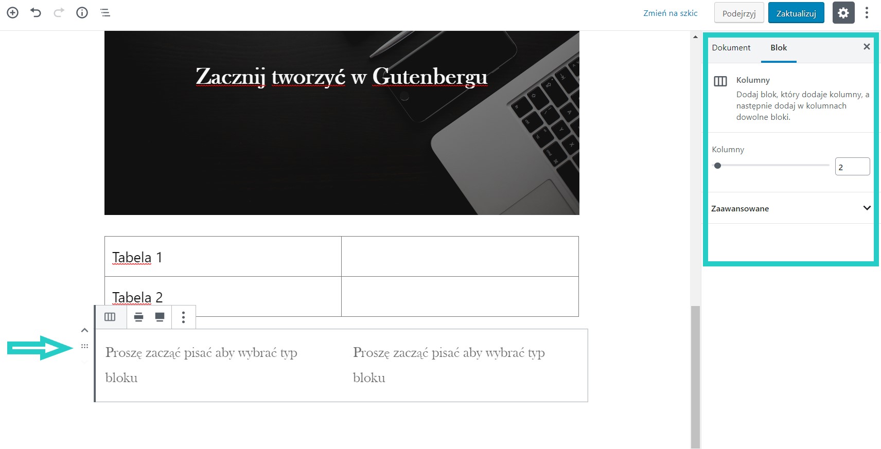 wpisy za pomocą bloków, tabela w wordpressie