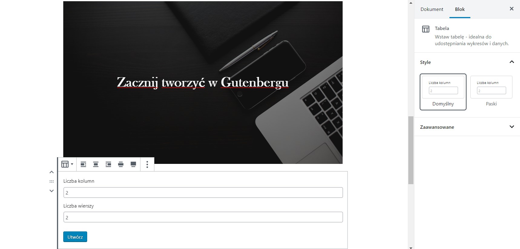 wpisy za pomocą bloków, tabela w wordpressie