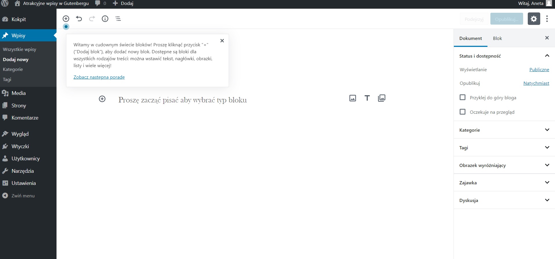 wpisy za pomocą bloków, bloki w gutenbergu
