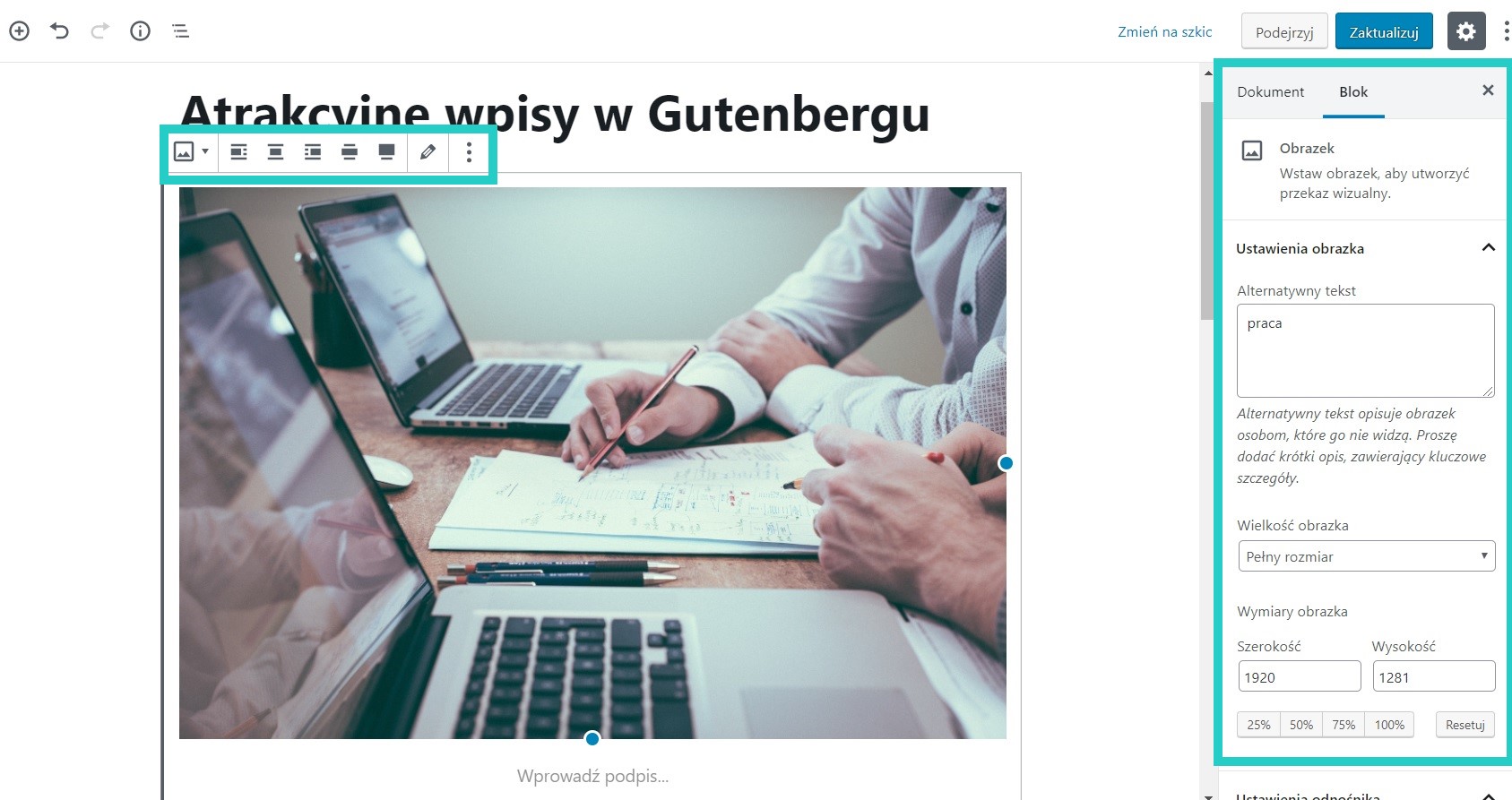 wpisy za pomocą bloków, obrazek